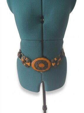 Chico’s S/M Boho Medallion Slide Belt Honey Amber Wood & Stud Leather Adjustable